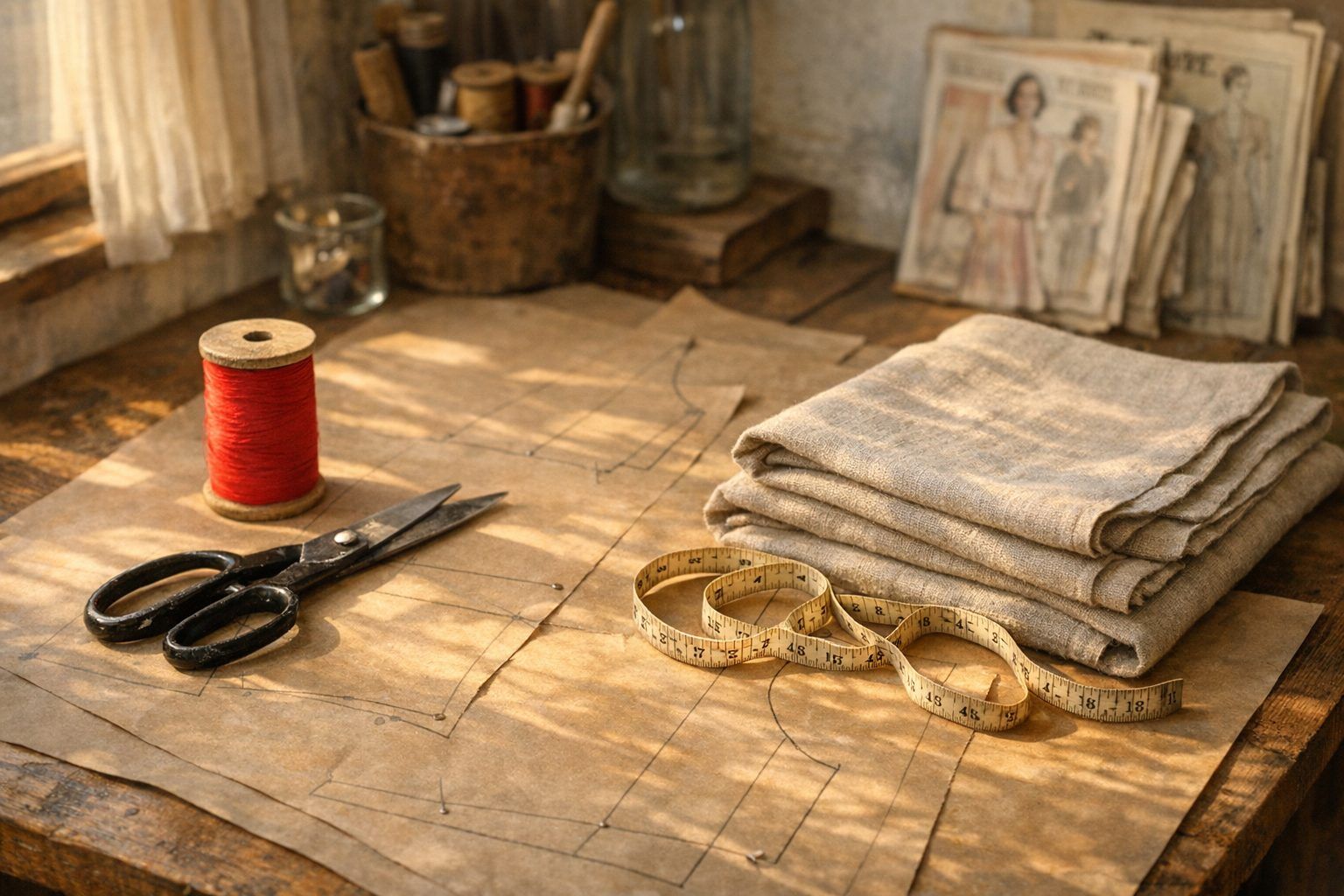 Atelier de couture avec tissus, patrons et matériel DIY