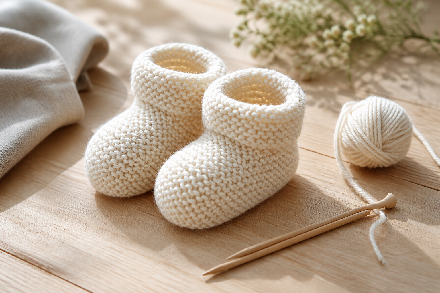 Les chaussons bébé se tricotent en un seul morceau